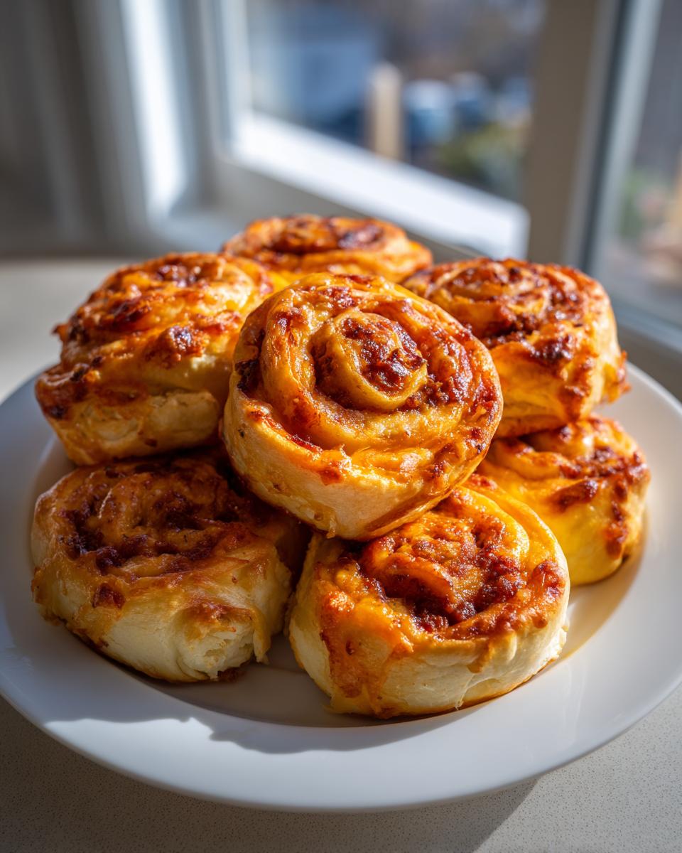 A stack of freshly baked, golden brown sausage pinwheels piled high on a white plate near a window.