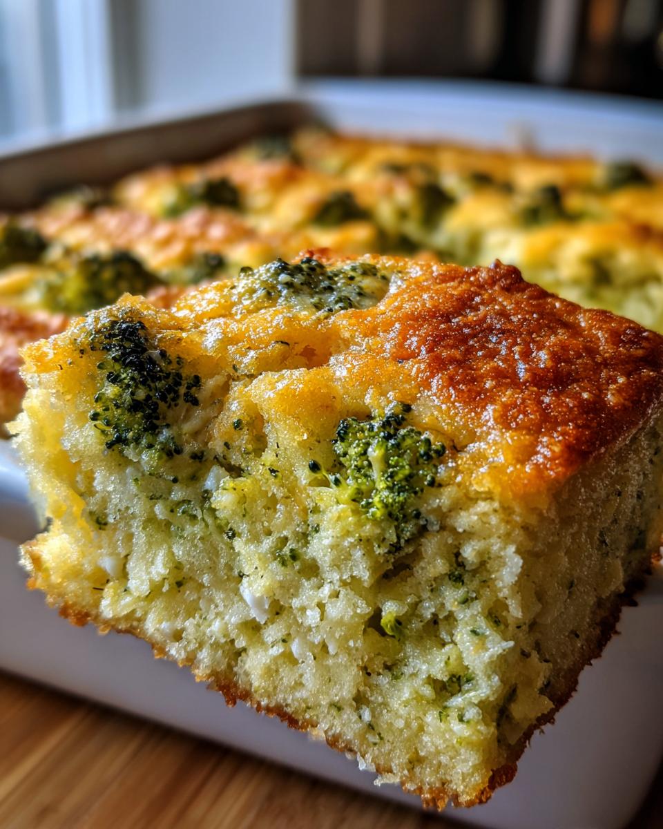 Close-up of a square slice of golden brown broccoli casserole being lifted from the baking dish.