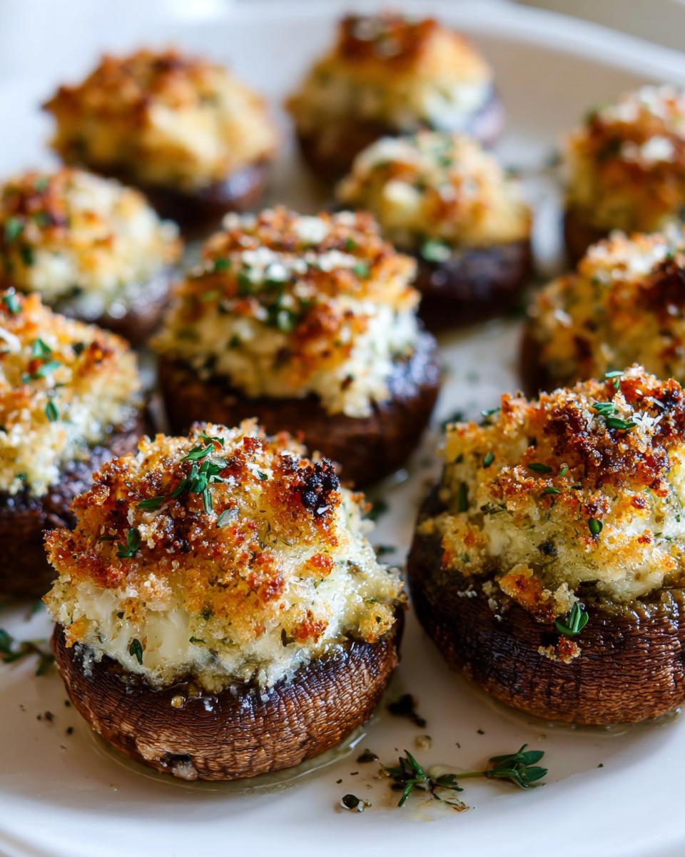 Close-up of several golden brown, baked stuffed mushrooms topped with breadcrumbs and fresh herbs.
