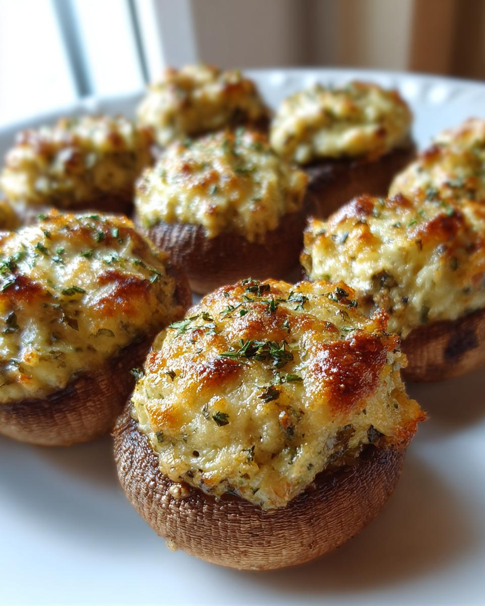 Close-up of several golden brown, baked stuffed mushrooms topped with melted cheese and parsley.