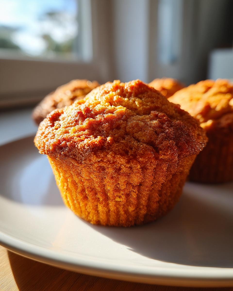 A close-up, warmly lit photo of a freshly baked sweet potato muffin sitting on a white plate.