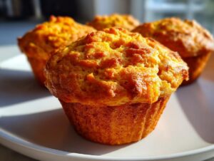 Close-up of a freshly baked, golden-orange sweet potato muffin with a textured top, sitting on a white plate.