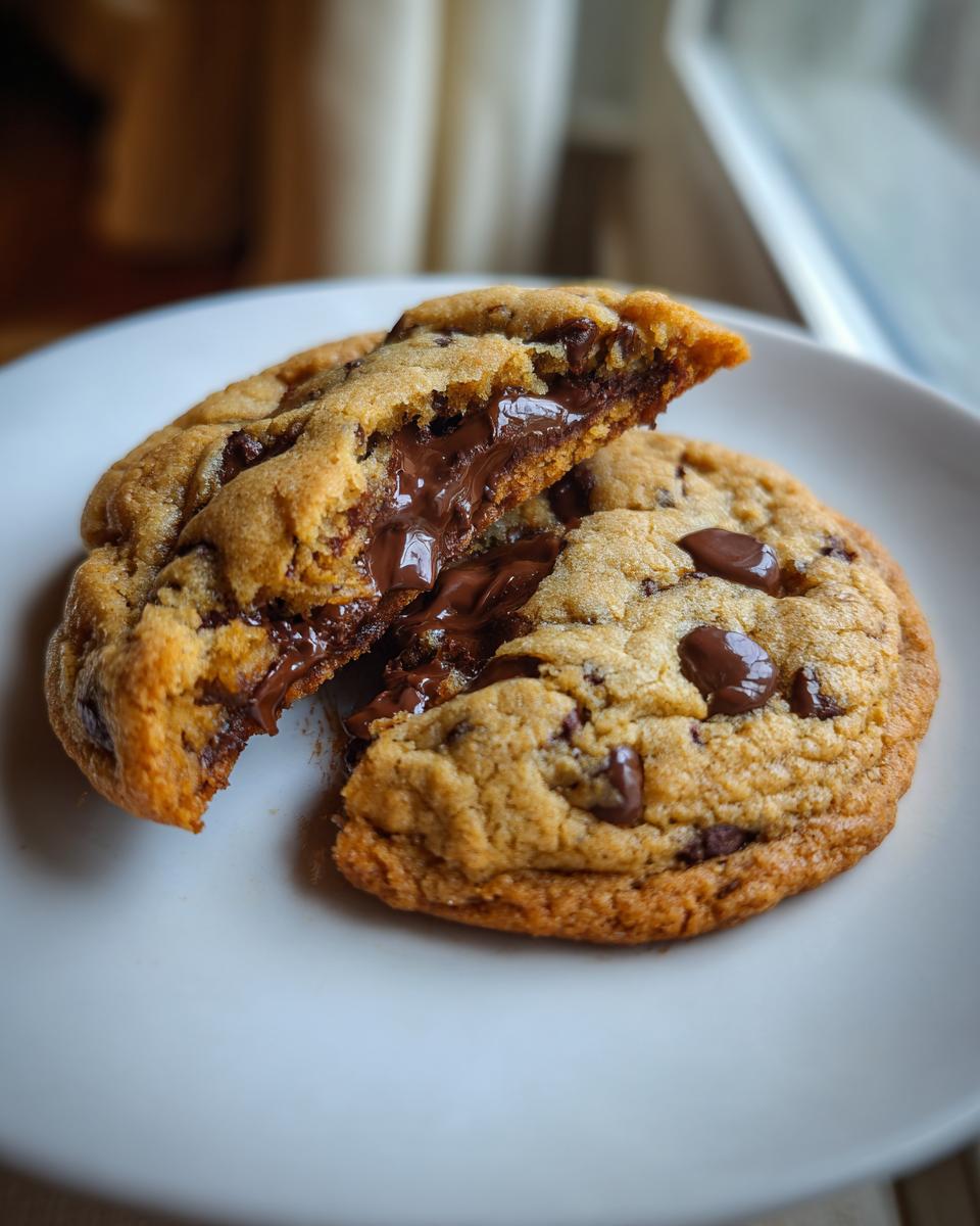 Close-up of a warm chocolate chip cookie broken in half, showing melted chocolate chips inside.