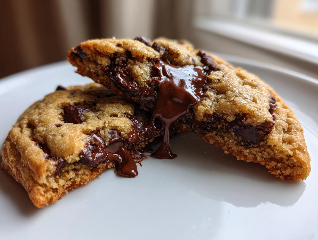 A warm chocolate chip cookie broken in half showing gooey, melted chocolate oozing out.