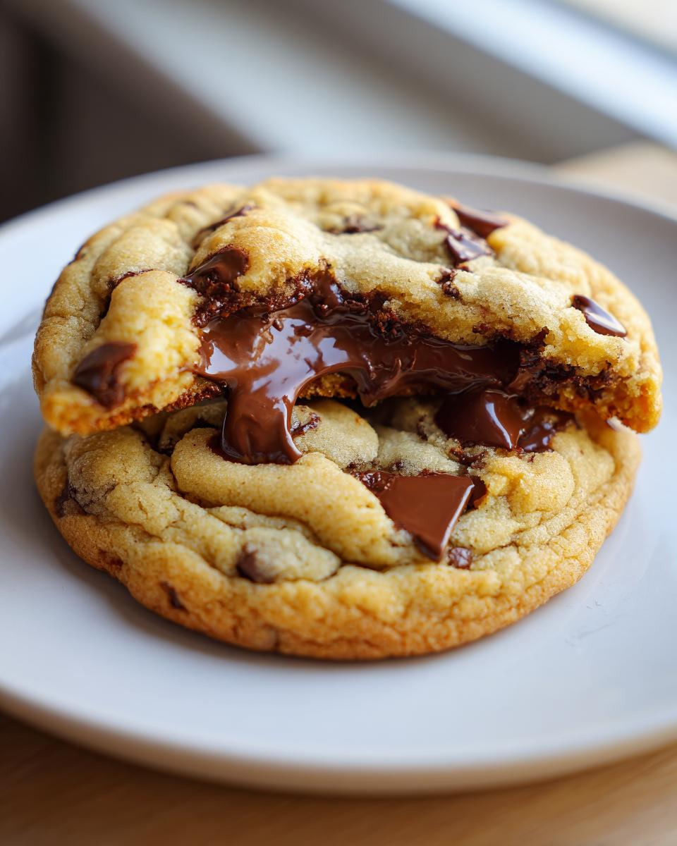 Close-up of a warm chocolate chip cookie broken in half, showing molten, gooey chocolate filling.