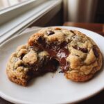 A freshly baked chocolate chip cookie broken open to show molten, gooey chocolate filling.