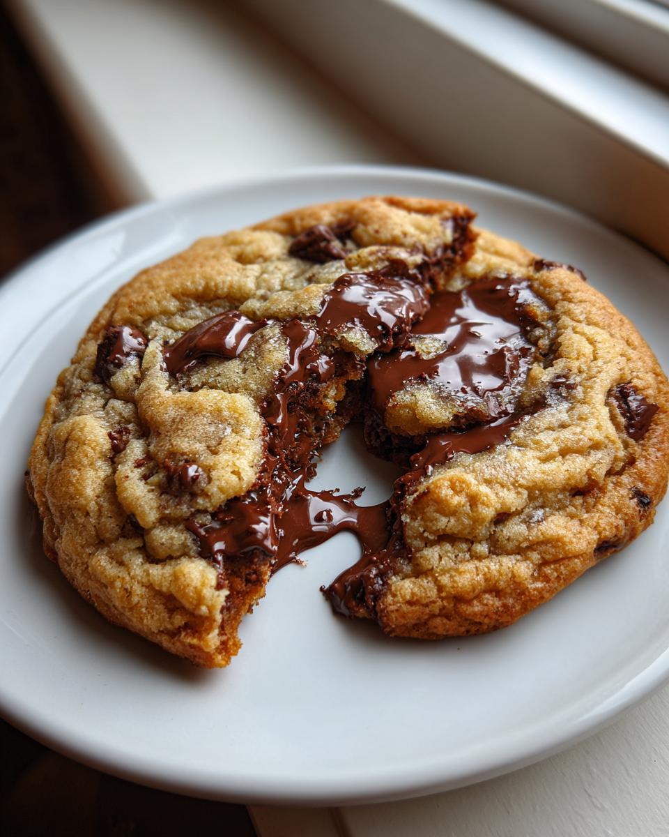 Close-up of a warm, gooey chocolate chip cookie broken open revealing melted chocolate.