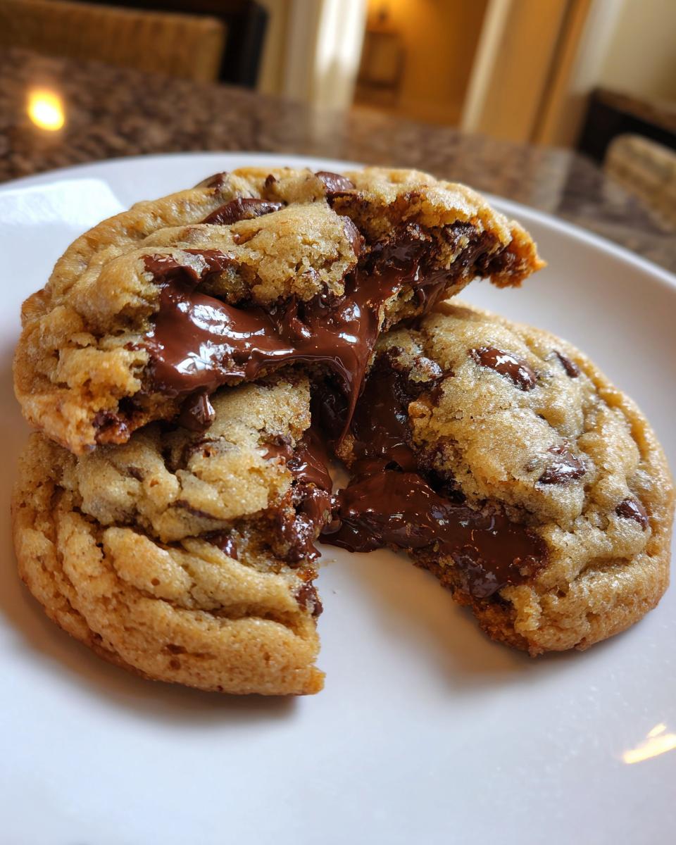 Close-up of a warm chocolate chip cookie broken in half, showing melted, gooey chocolate filling.