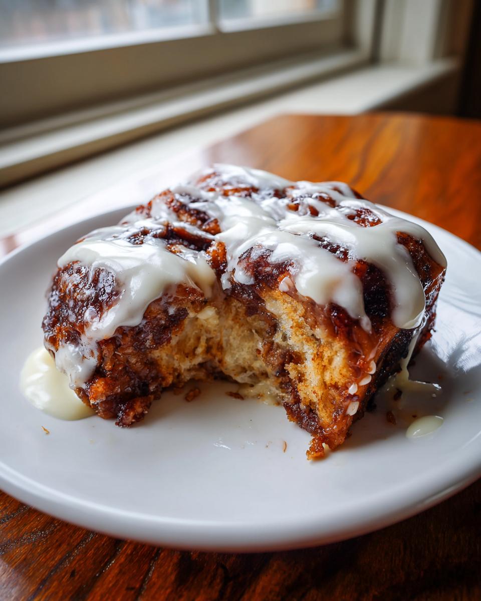 A single serving of gooey, iced Cinnamon roll casserole with a bite taken out, sitting on a white plate.