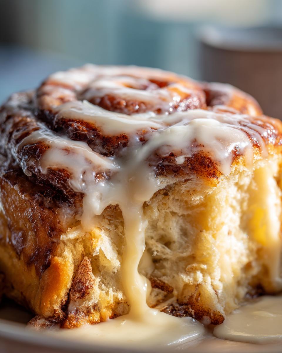 Close-up of a soft, freshly baked cinnamon roll topped with thick, dripping vanilla icing.