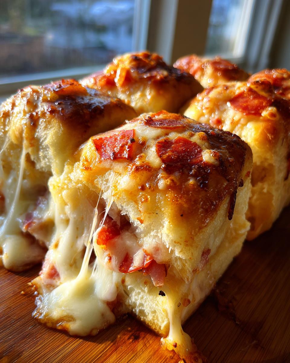 Close-up of gooey, cheesy pizza sliders being pulled apart, showing melted mozzarella and pepperoni pieces.