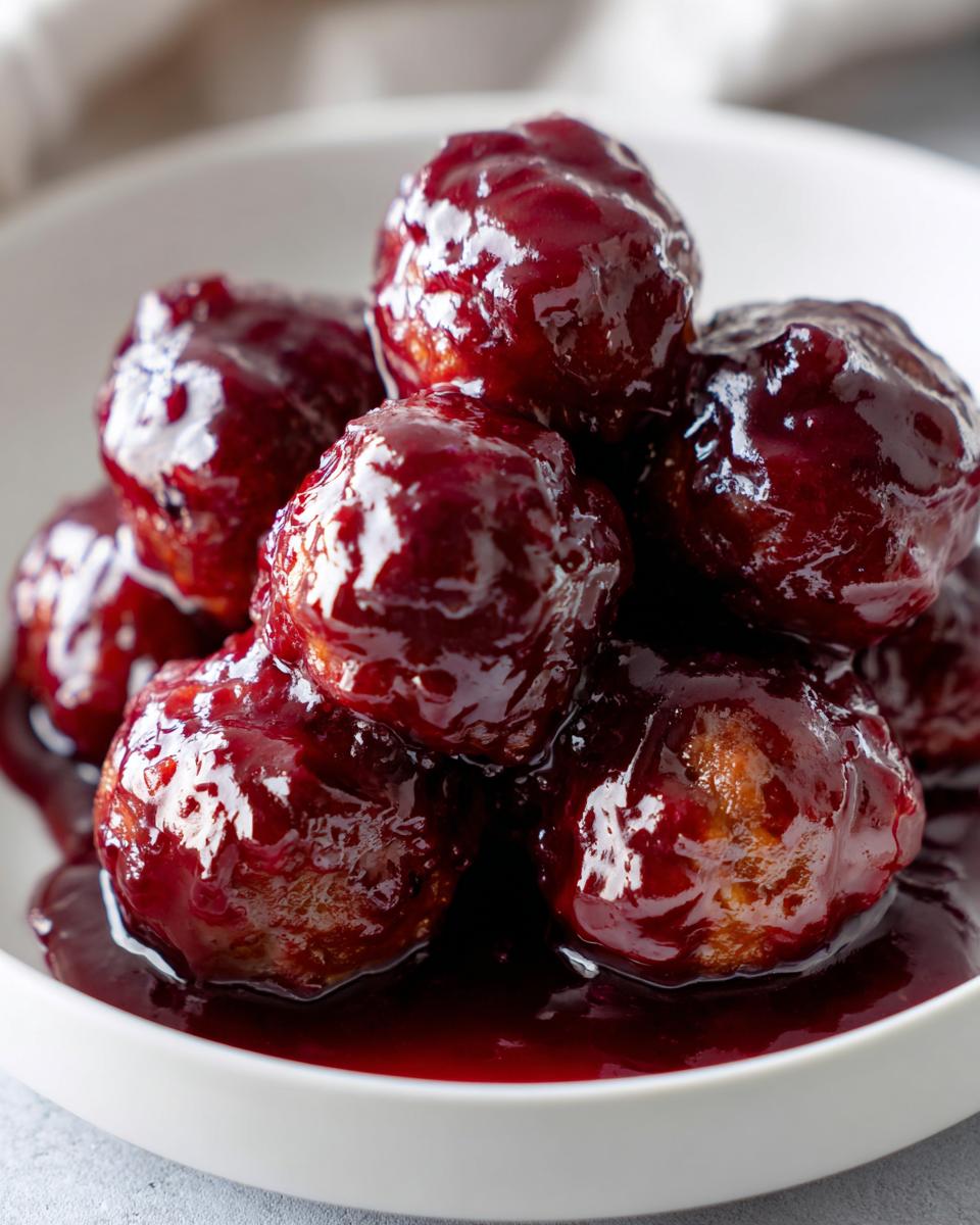 A close-up of several glistening grape jelly meatballs piled high in a white bowl, coated in a rich, dark red sauce.