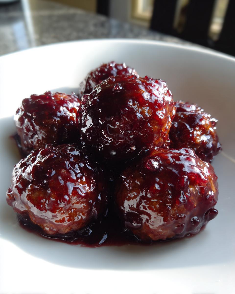 A close-up of several glistening grape jelly meatballs coated in a thick, dark red sauce, served in a white bowl.
