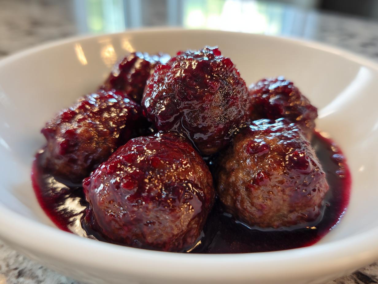 Five savory grape jelly meatballs coated in a thick, dark purple glaze served in a small white bowl.