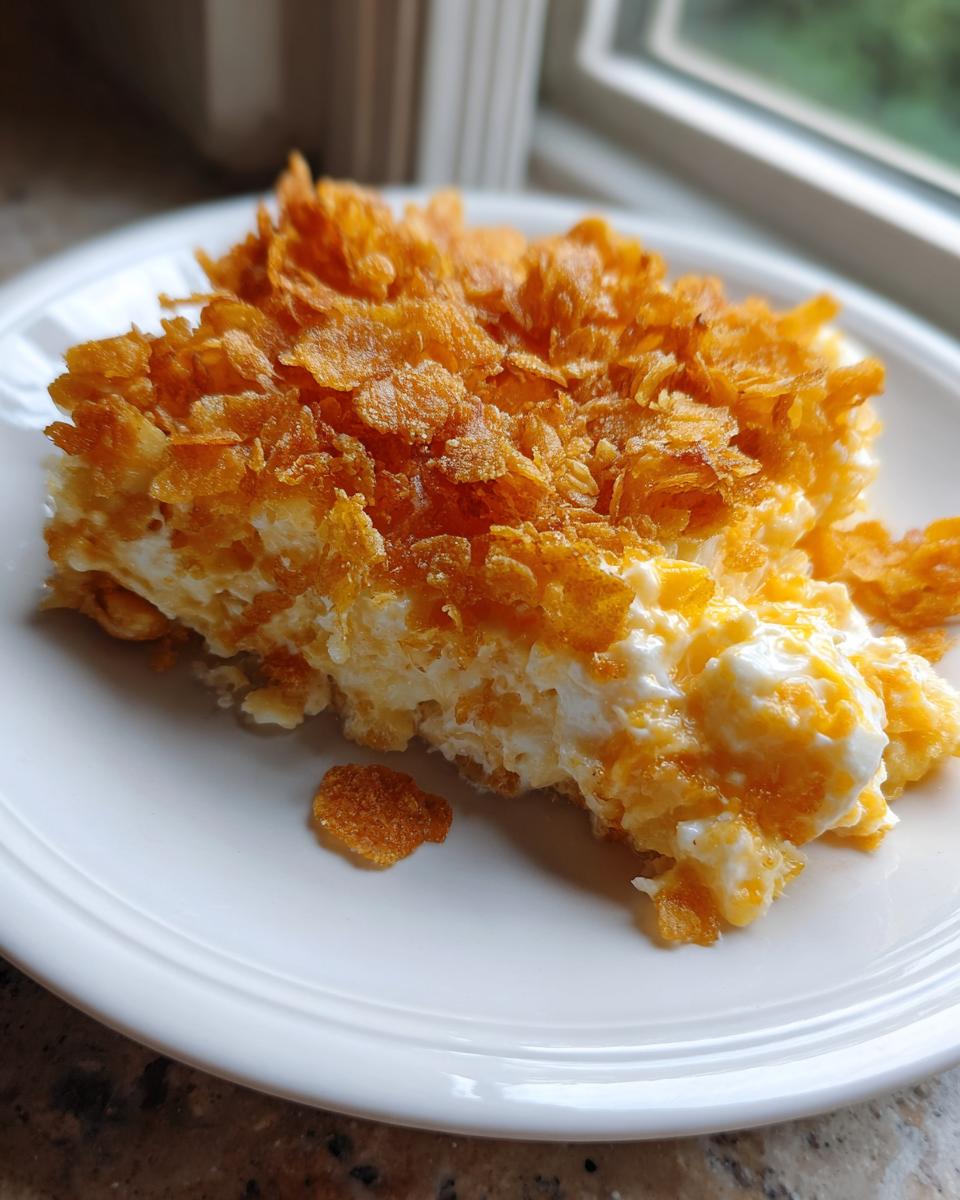 A square serving of creamy hashbrown casserole topped with a thick layer of golden, crunchy cornflakes.