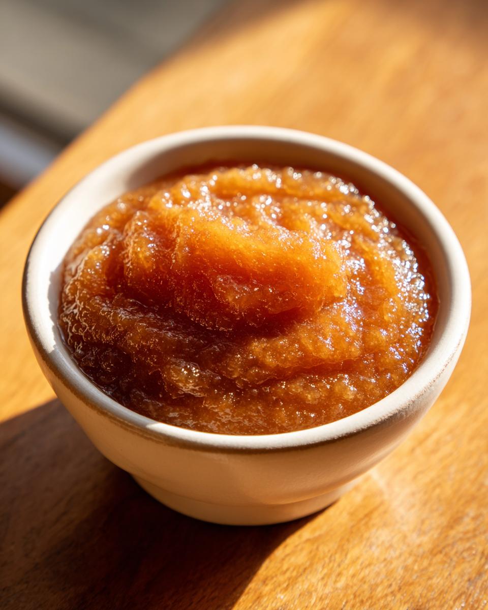A small white bowl filled with rich, amber-colored homemade pear butter, sitting on a wooden surface.