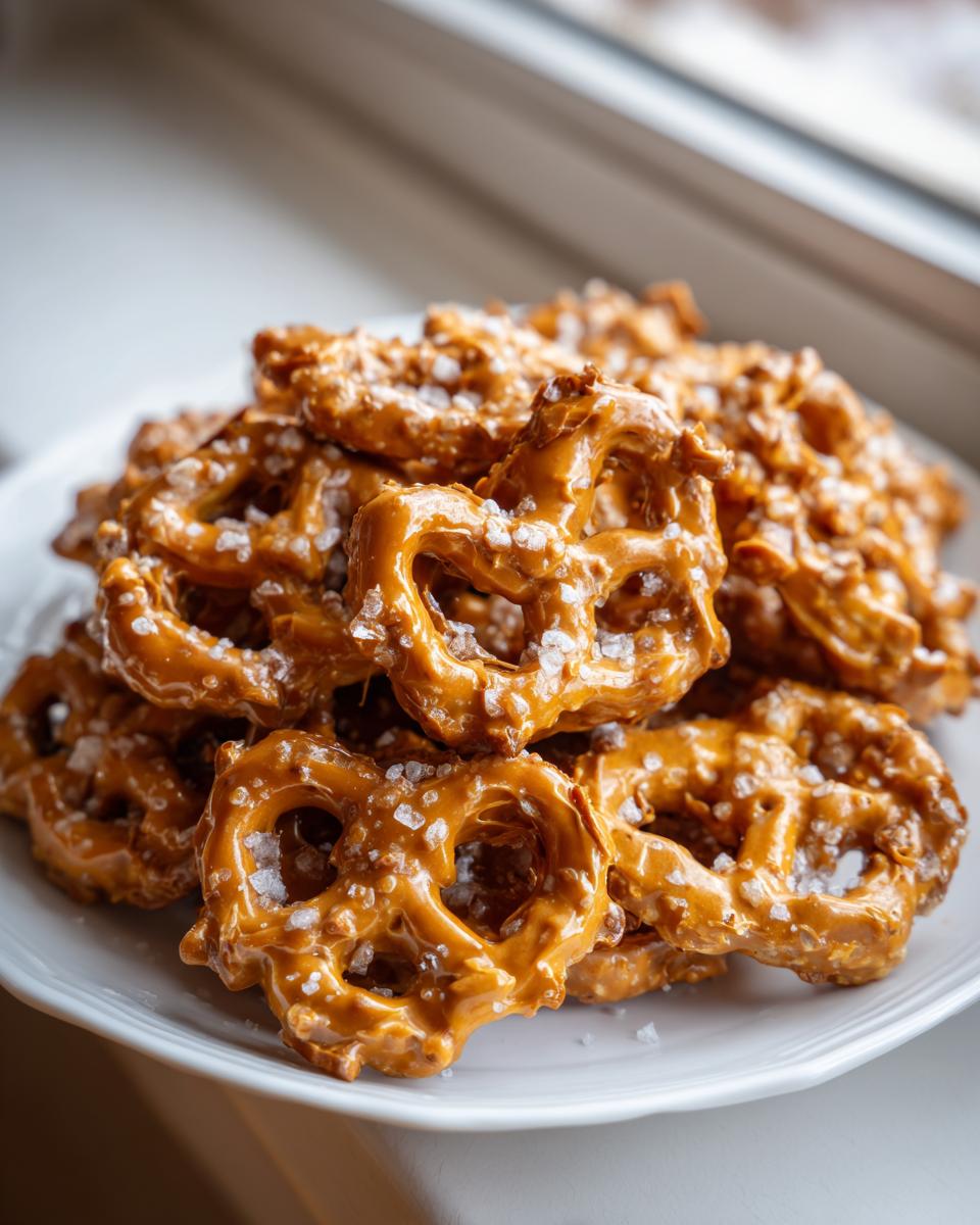Close-up of a white plate piled high with homemade toffee pretzels coated in shiny caramel and sprinkled with coarse sea salt.