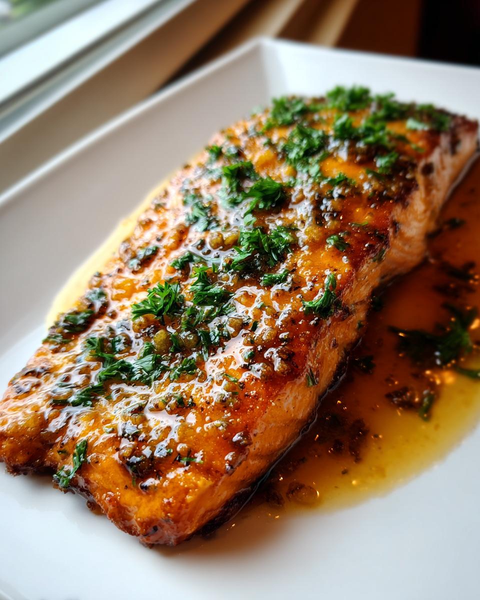Close-up of a perfectly cooked honey garlic salmon fillet, glistening with glaze and topped with fresh parsley.