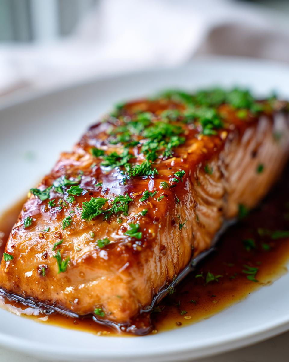 Close-up of a perfectly cooked honey garlic salmon fillet covered in a rich glaze and topped with fresh chopped parsley.