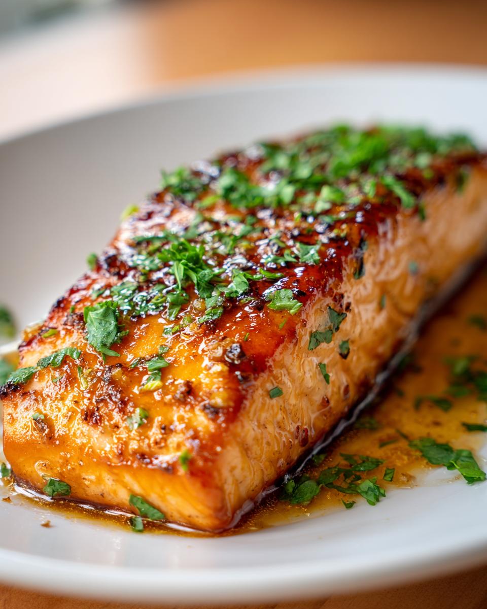 Close-up of a perfectly cooked, glazed honey garlic salmon fillet topped with fresh chopped parsley.