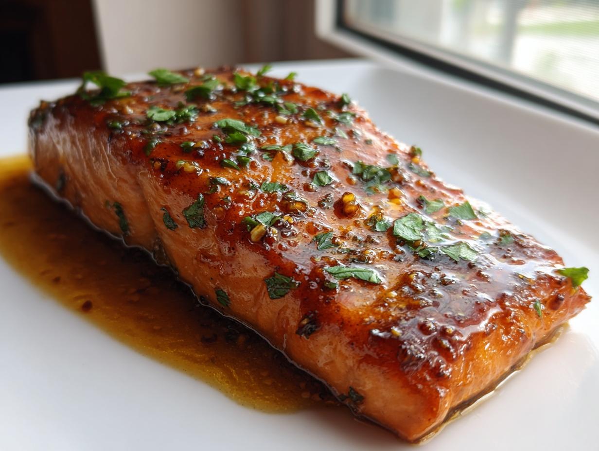 Close-up of a perfectly cooked salmon fillet glazed with honey garlic sauce and topped with fresh parsley.