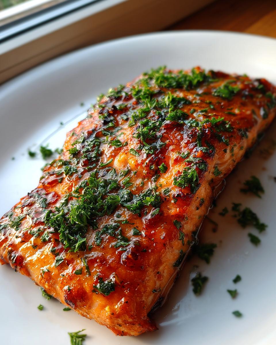Close-up of a perfectly cooked honey garlic salmon fillet, glistening with glaze and topped with fresh chopped parsley.