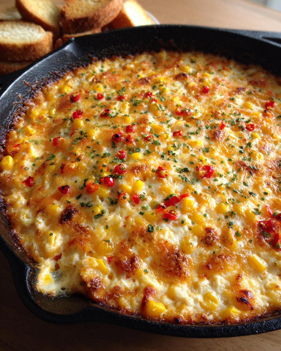 Close-up of hot, baked corn dip with cream cheese, topped with red peppers and herbs in a cast iron skillet.