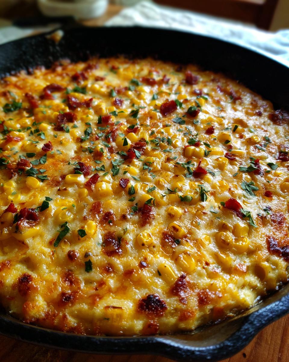 Close-up of a hot, bubbly corn dip with cream cheese, topped with corn kernels, bacon bits, and parsley in a cast iron skillet.