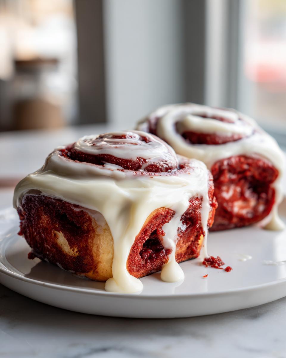 Two decadent red velvet cinnamon rolls generously topped with dripping cream cheese frosting on a white plate.