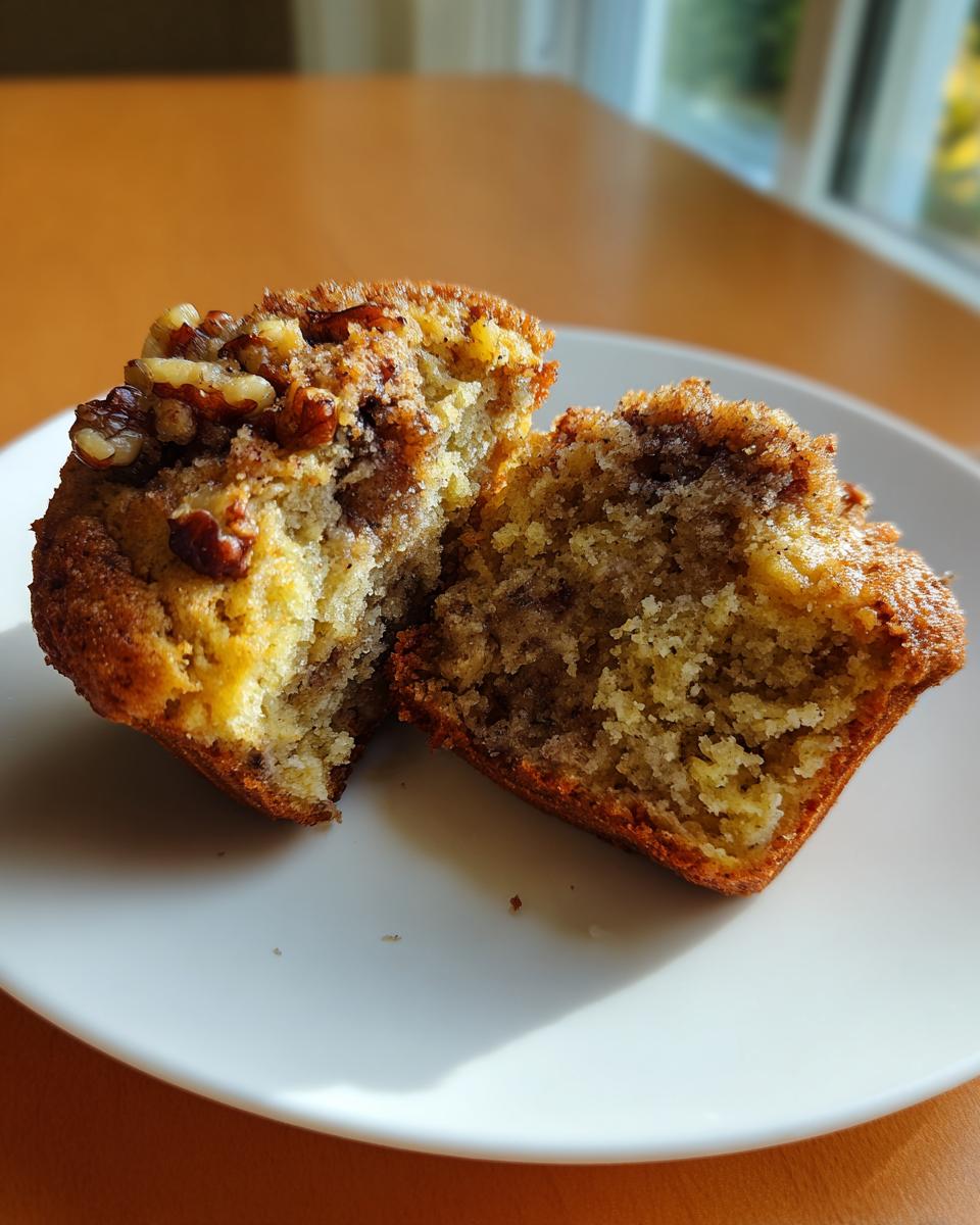 A banana nut muffin cut in half showing the moist interior, topped with walnuts and cinnamon streusel.