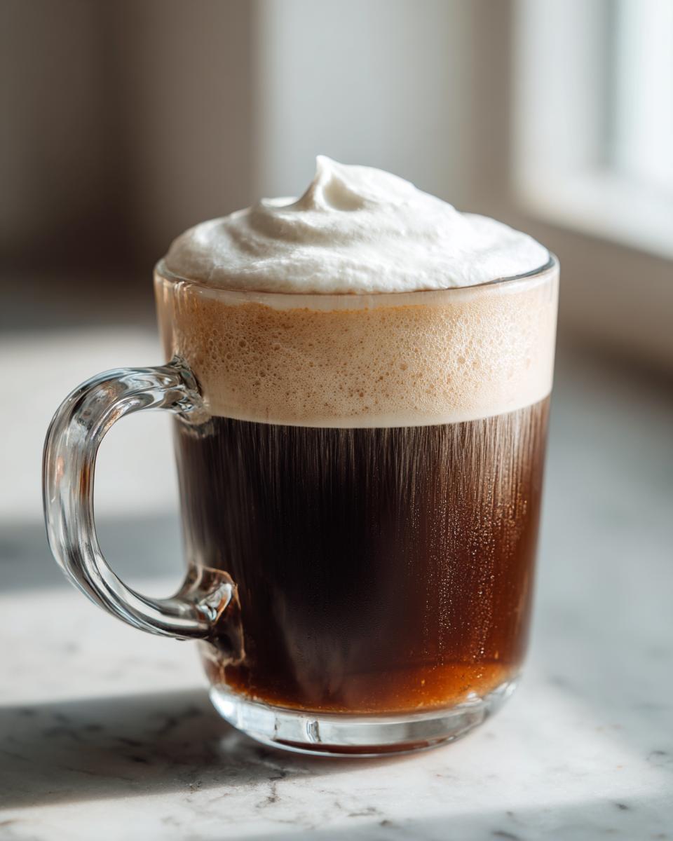 Close-up of a freshly made Irish Coffee in a clear glass mug, topped with foam and whipped cream.