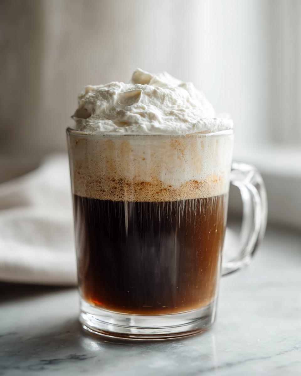 A glass mug filled with dark Irish Coffee topped with a thick layer of whipped cream.