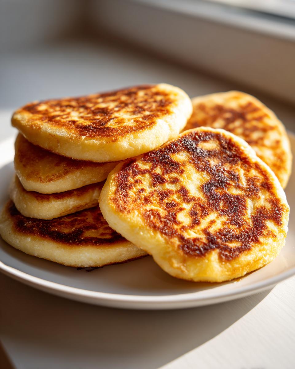 A stack of freshly cooked, golden-brown irish potato farls resting on a white plate near a window.