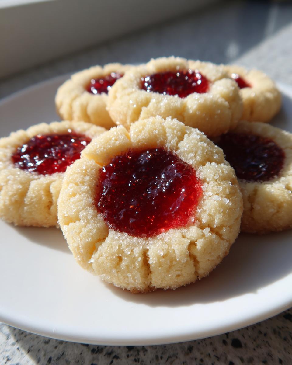 Four bright, sugar-coated thumbprint cookies filled with glistening red jam resting on a white plate.