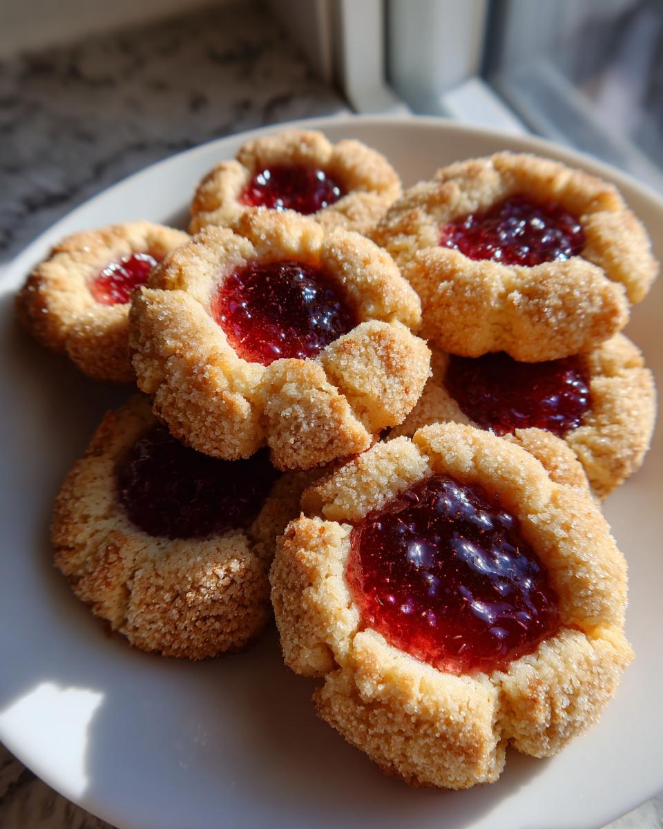 A plate of freshly baked thumbprint cookies with bright red jam centers, dusted with sugar.