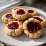 A plate of freshly baked, sugar-coated thumbprint cookies filled with bright red raspberry jam.
