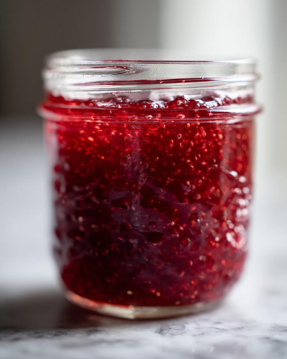 Close-up of a glass jar filled with vibrant, seed-filled red christmas jam.