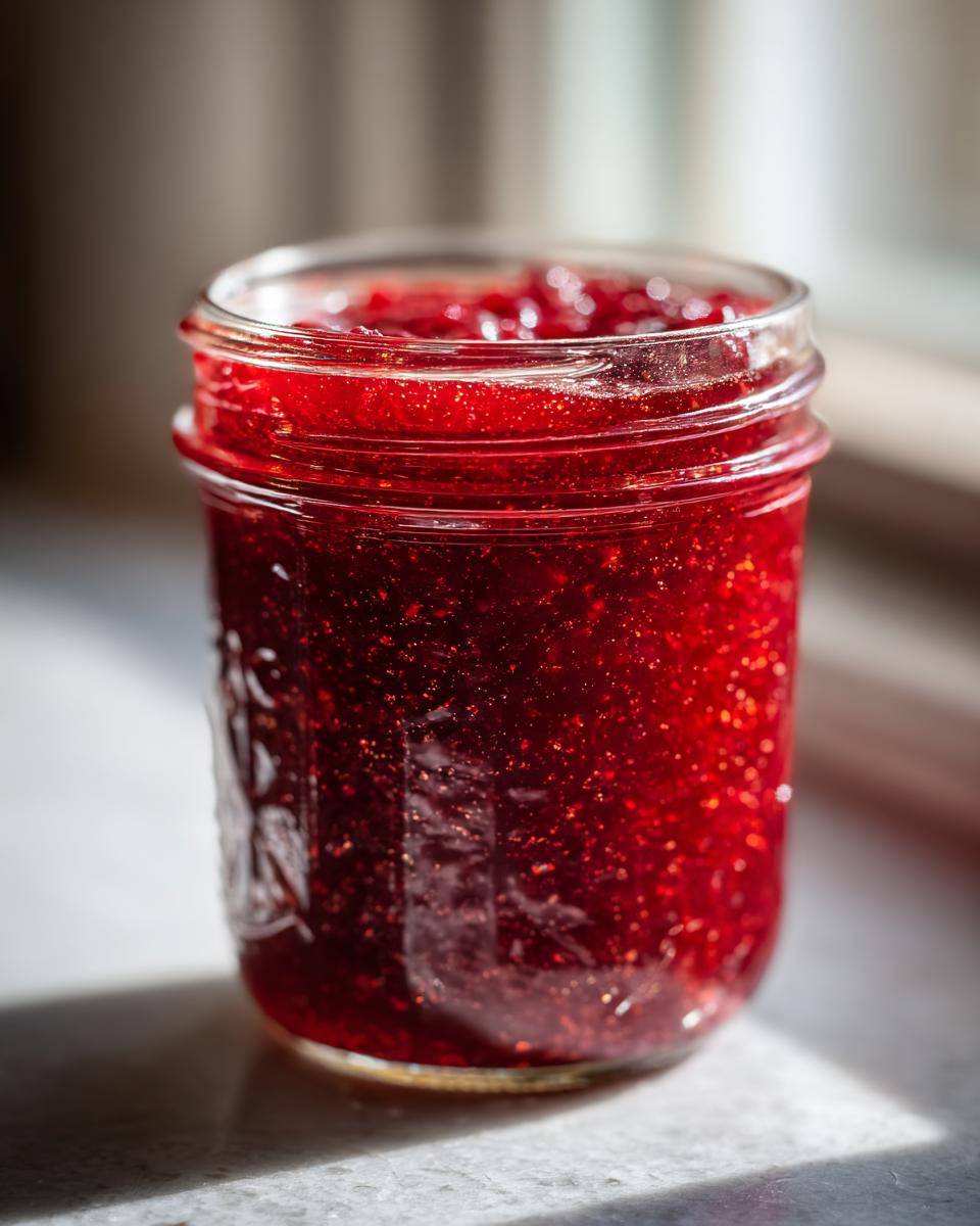 Close-up of a glass jar filled with vibrant, sparkling red christmas jam, sitting in sunlight.