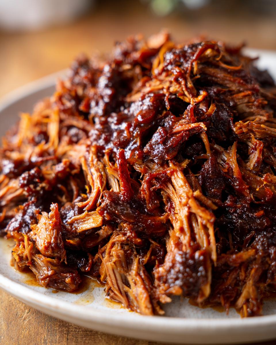 Close-up of shredded, saucy Slow Cooker Pulled Pork piled high on a light-colored plate.