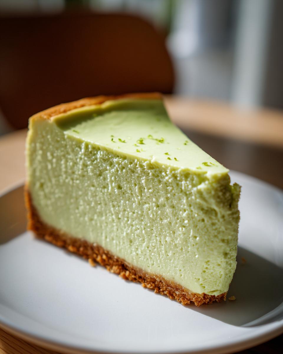 A perfect slice of bright green key lime cheesecake with a graham cracker crust, topped with lime zest.
