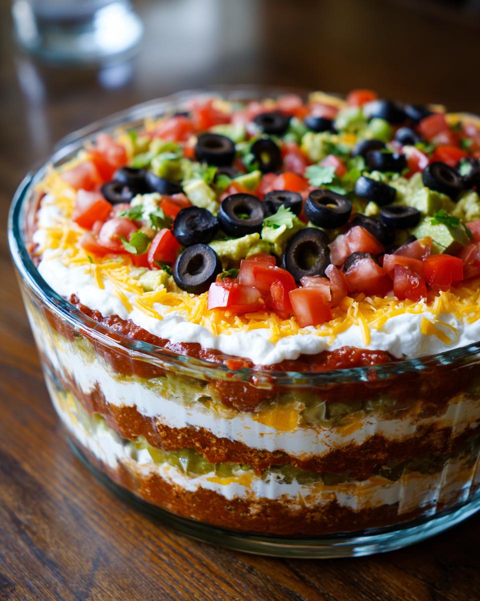 Close-up of a stunning Seven layer dip showing distinct layers of ingredients topped with tomatoes, olives, and avocado.