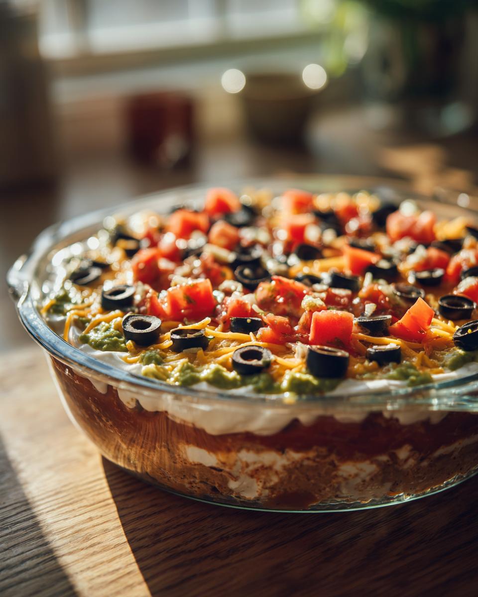 Close-up of a vibrant Seven layer dip in a clear glass dish, topped with tomatoes, black olives, and cheese.