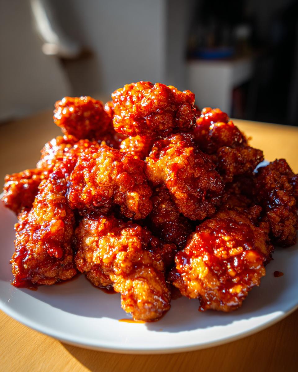 A close-up stack of crispy, glazed pieces from a korean fried chicken recipe, coated in a glossy, deep red sauce.