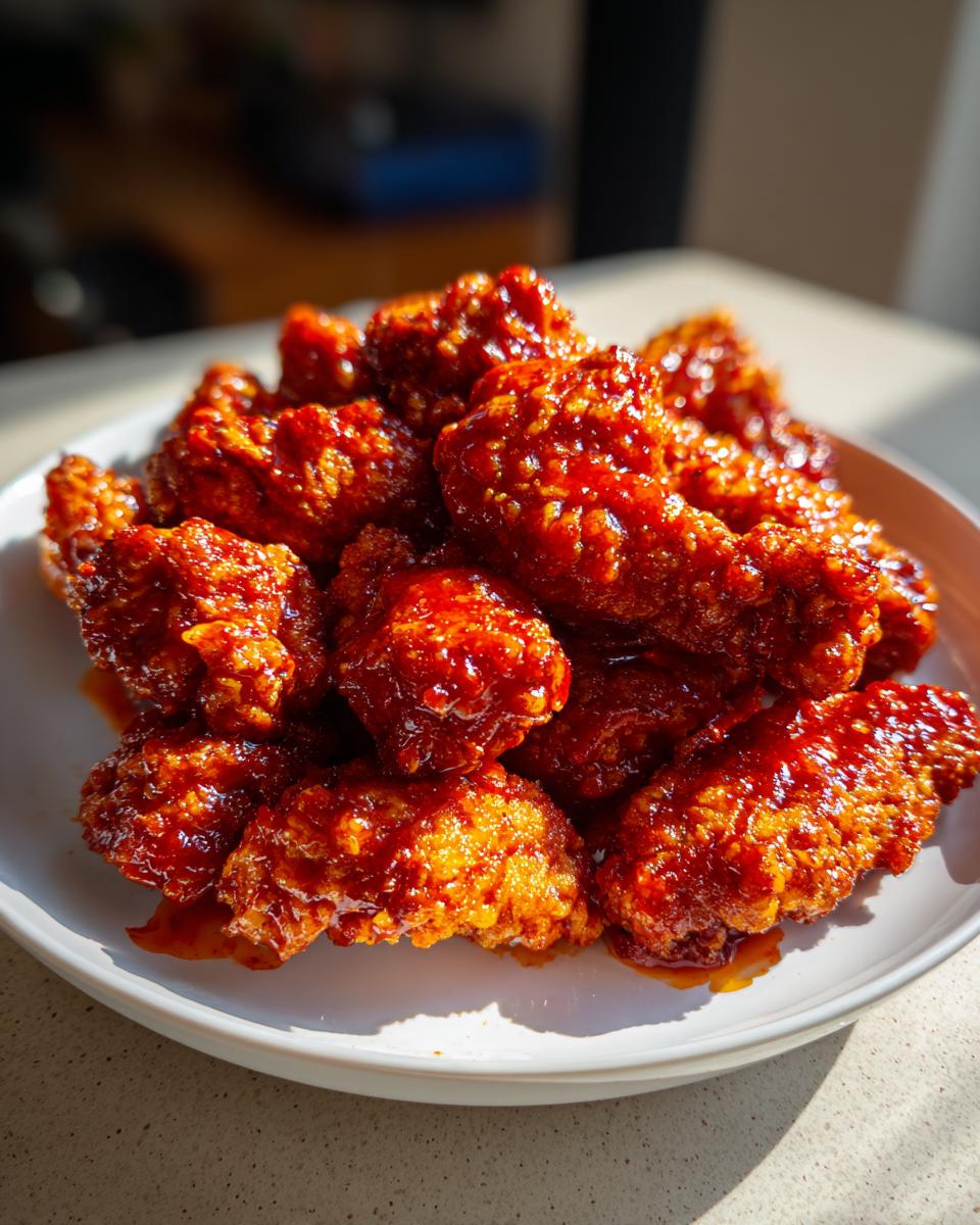A pile of crispy, glossy, bright red Korean fried chicken recipe wings served on a white plate.