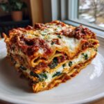 A thick, layered slice of Lasagna with Cottage Cheese, meat sauce, and spinach on a white plate.