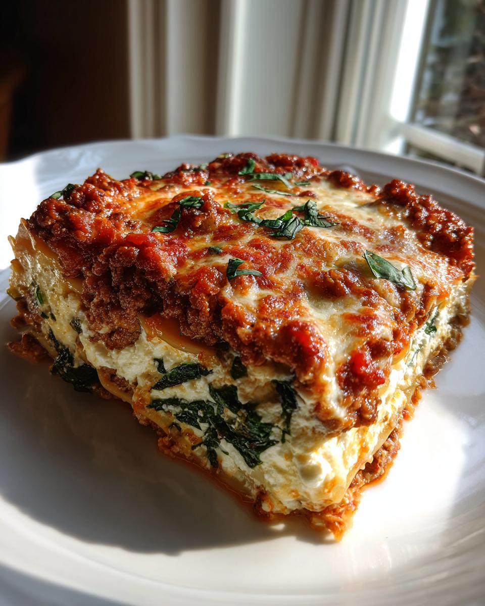 A perfect square slice of Lasagna with Cottage Cheese, layered with meat sauce, white cheese filling, and spinach.