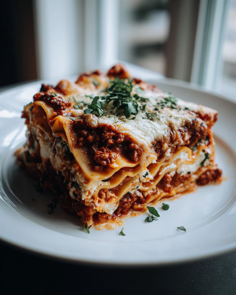 A thick, layered slice of Lasagna with Cottage Cheese, topped with melted cheese and fresh parsley.