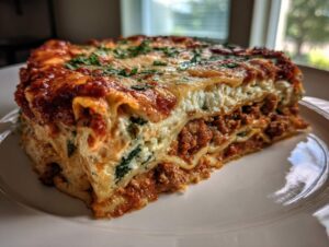 A thick, layered slice of lasagna with cottage cheese, meat sauce, and spinach, garnished with parsley.