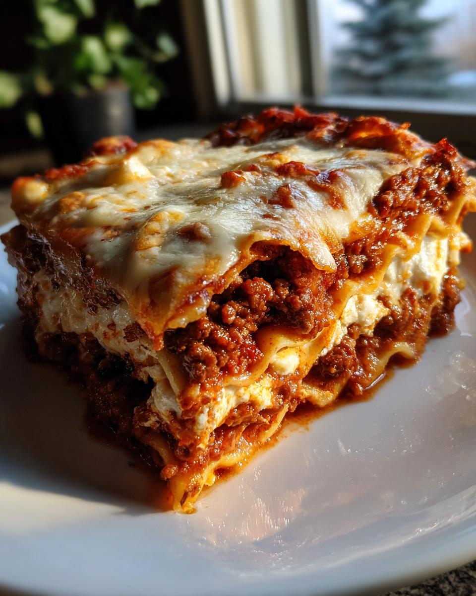 A thick, layered slice of Lasagna with Cottage Cheese, covered in melted mozzarella and rich meat sauce.