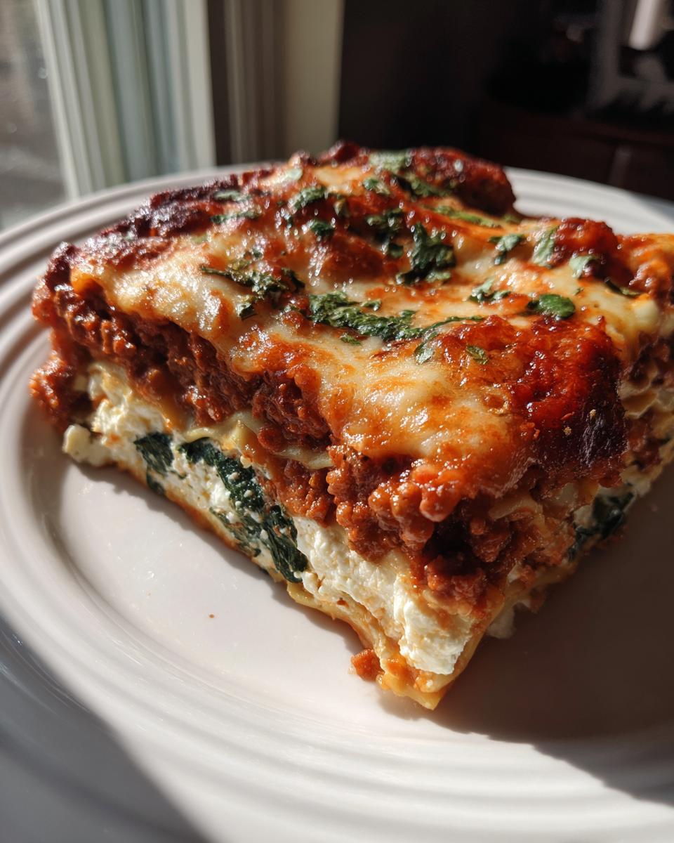 A perfectly baked slice of Lasagna with Cottage Cheese, featuring layers of rich sauce, melted cheese, and spinach.